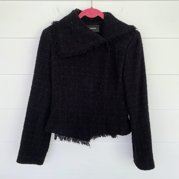 Express Boucle Fringe Trim Wool Blend Moto Jacket Black 5/6 - Picture 1 of 14
